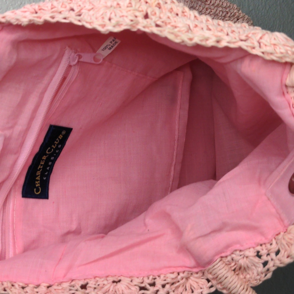 Vintage Charter Club Pink Straw Bag Purse Flower Buds Summer Cottagecore - Picture 11 of 12